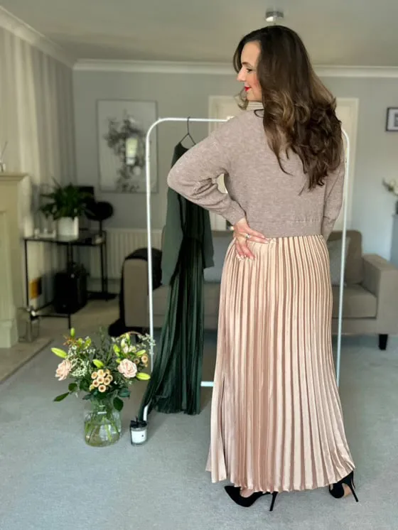 Mocha/Gold Pleated Jumper Dress