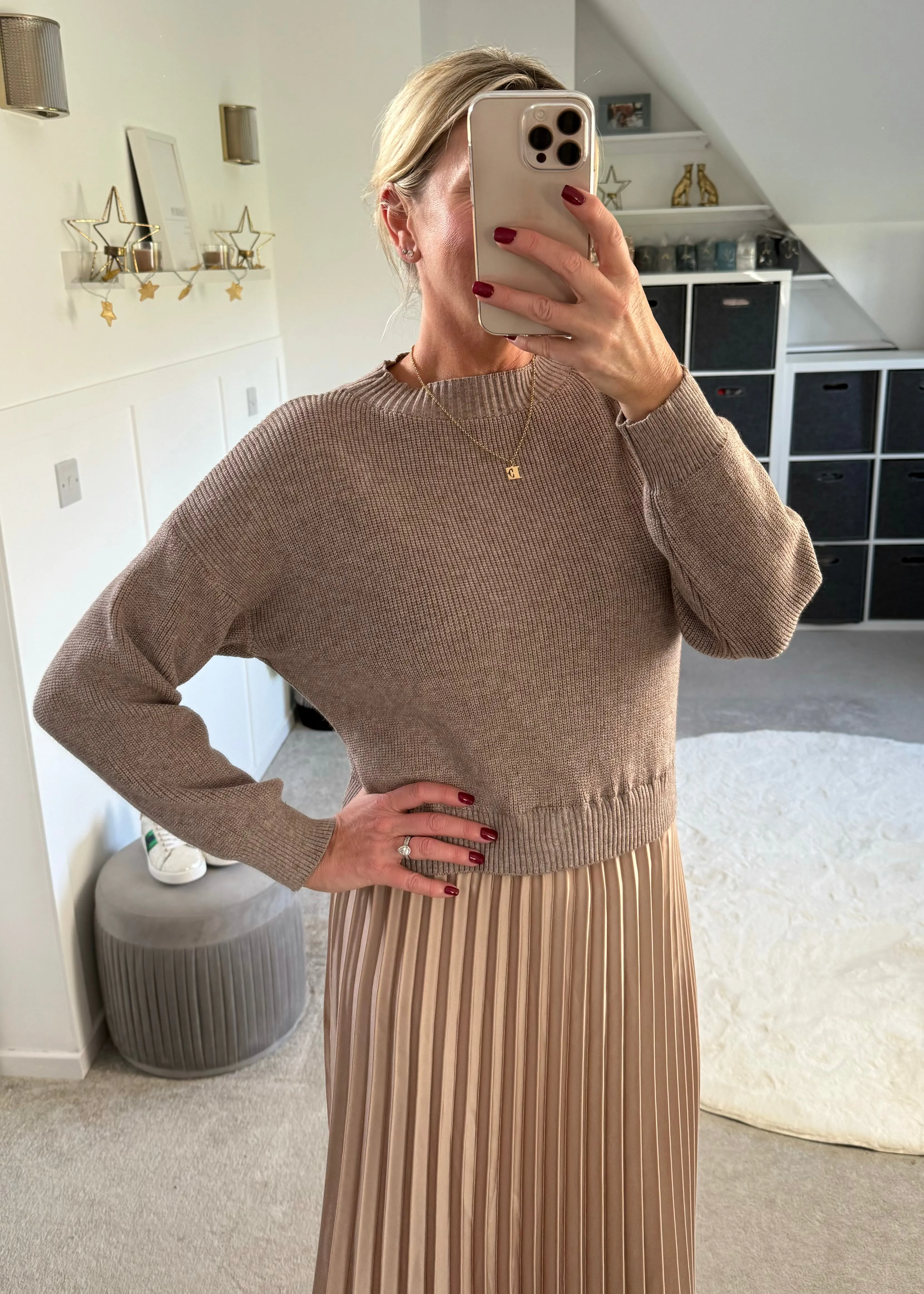 Mocha/Gold Pleated Jumper Dress