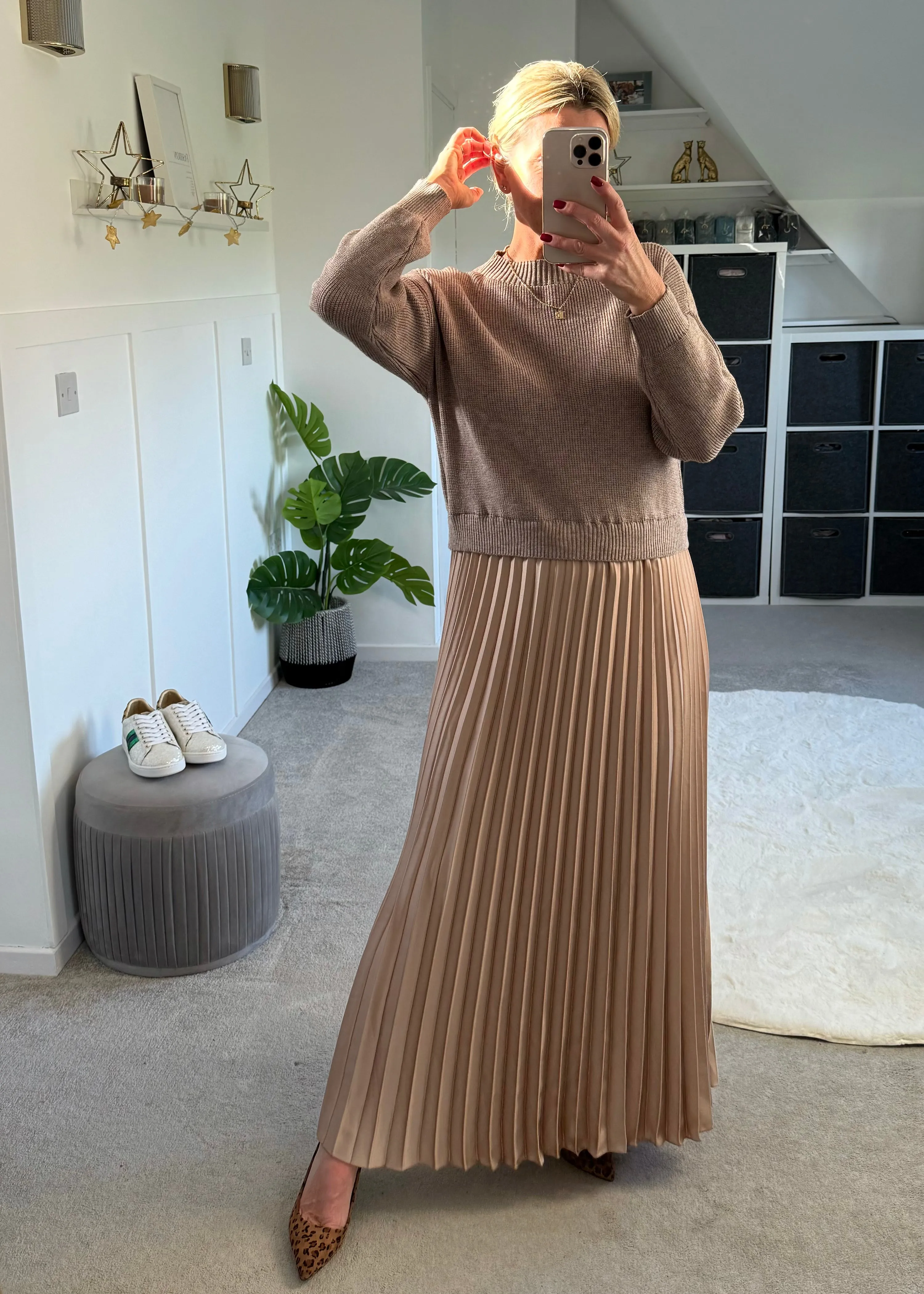 Mocha/Gold Pleated Jumper Dress