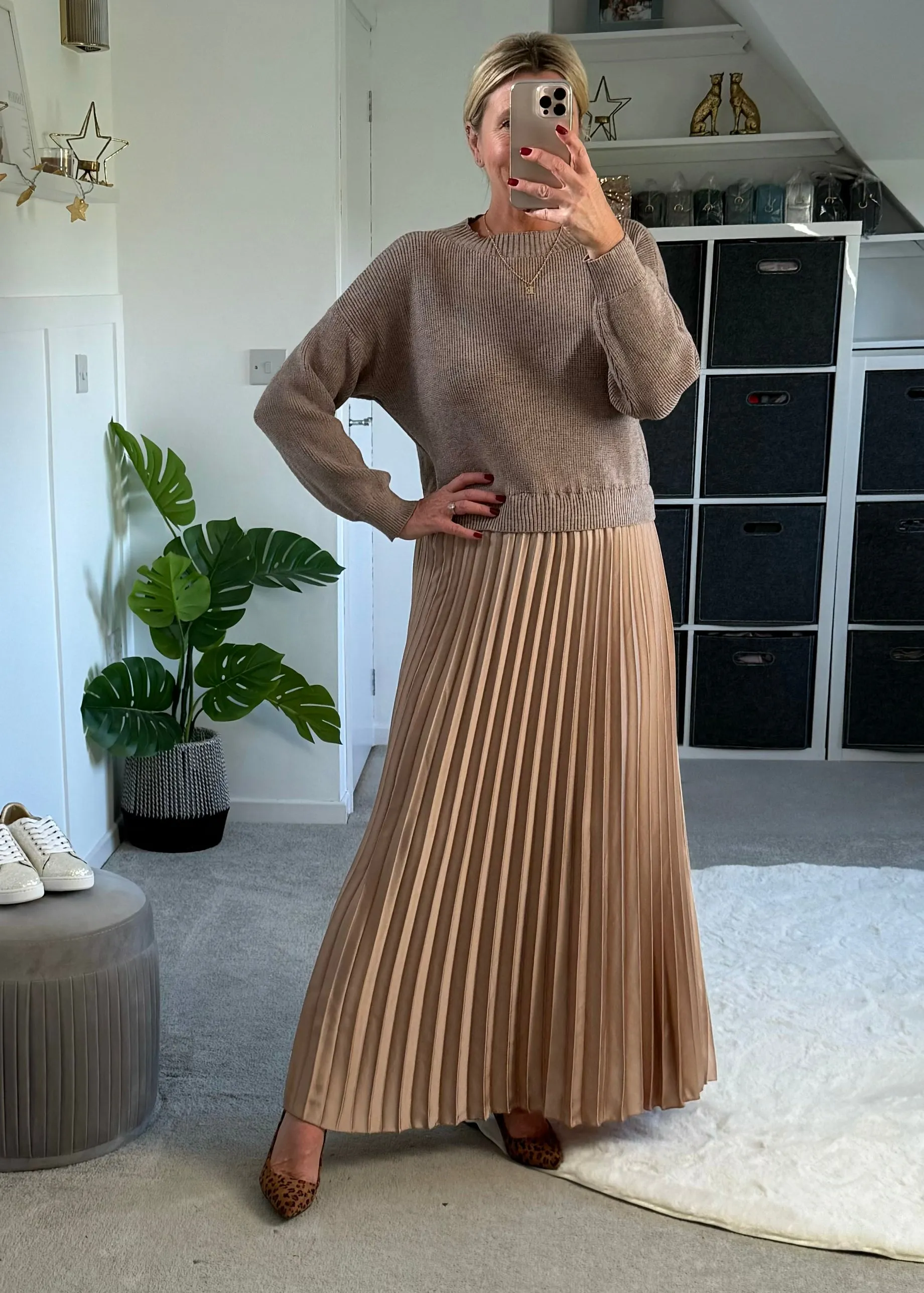 Mocha/Gold Pleated Jumper Dress