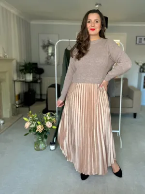 Mocha/Gold Pleated Jumper Dress