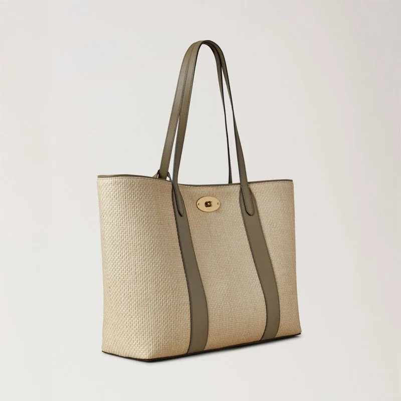 MULBERRY Bayswater Raffia & Leather Tote in Linen Green-Natural