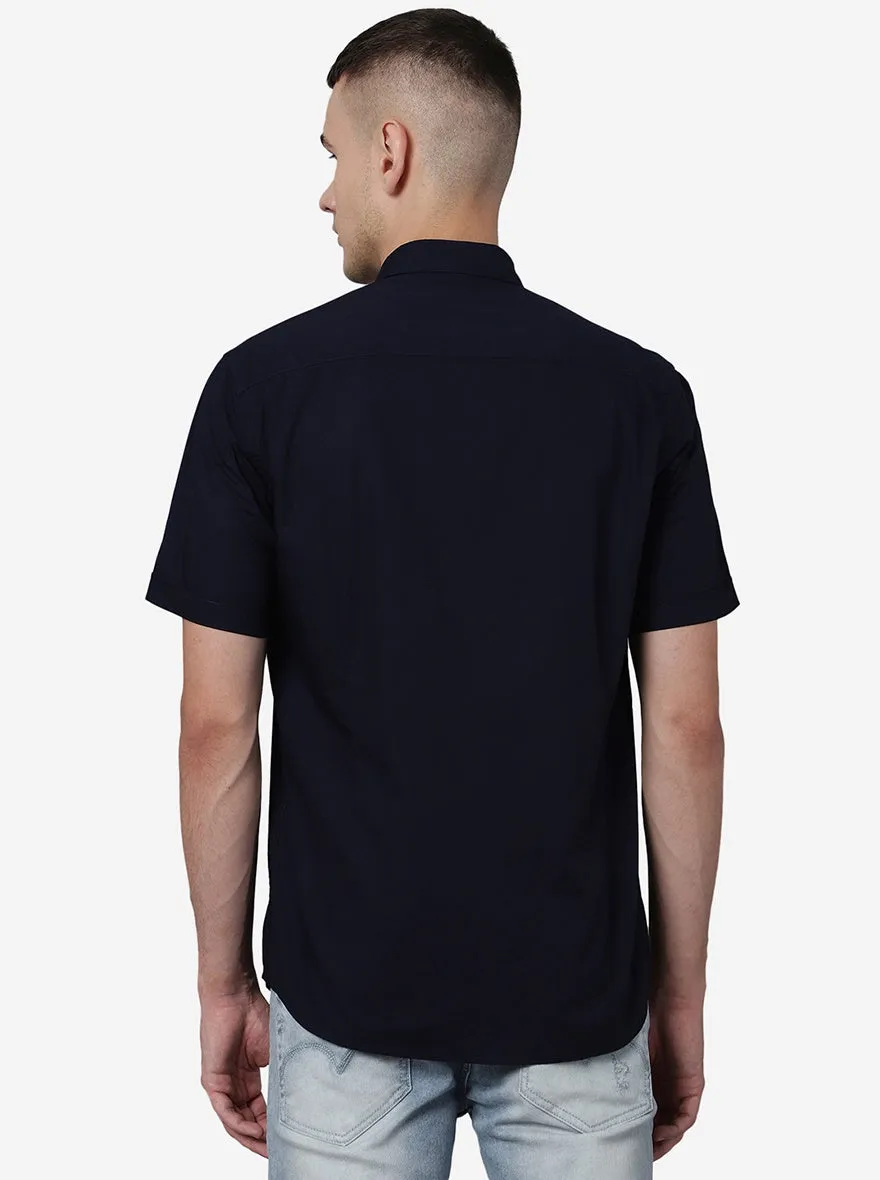 Navy Blue Solid Slim Fit Semi Casual Shirt | JadeBlue