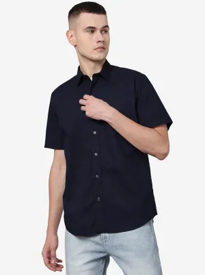 Navy Blue Solid Slim Fit Semi Casual Shirt | JadeBlue