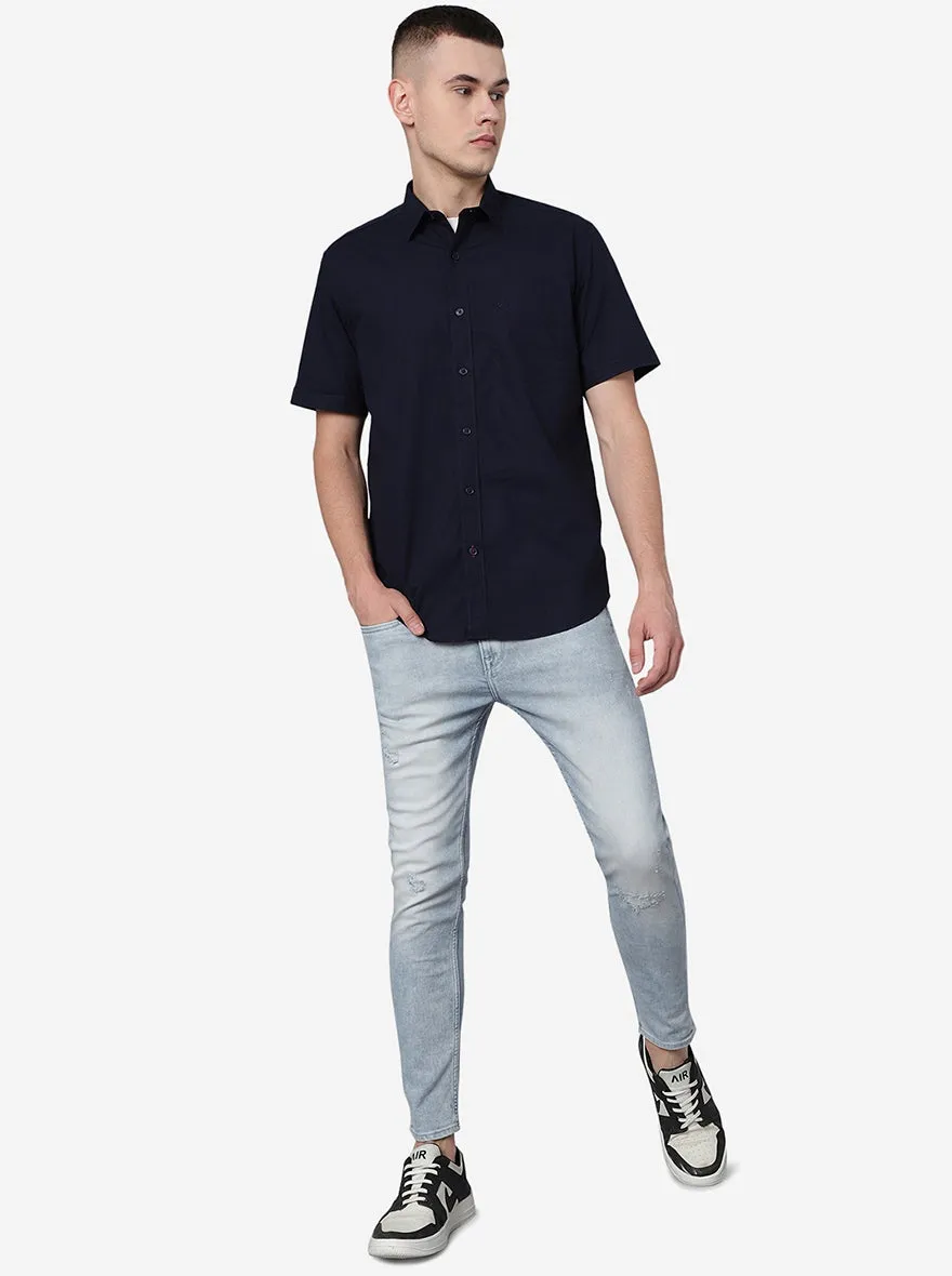 Navy Blue Solid Slim Fit Semi Casual Shirt | JadeBlue