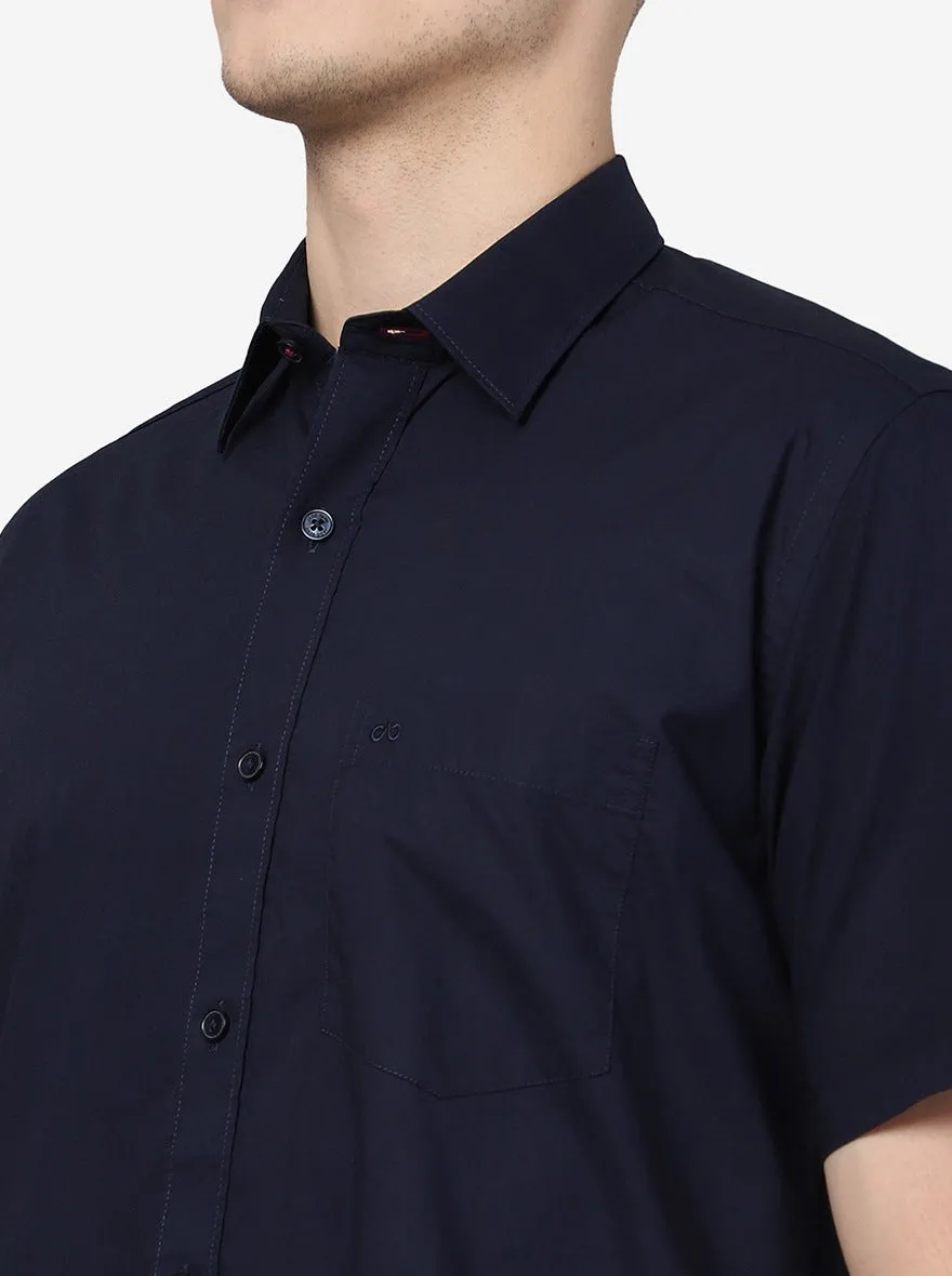 Navy Blue Solid Slim Fit Semi Casual Shirt | JadeBlue