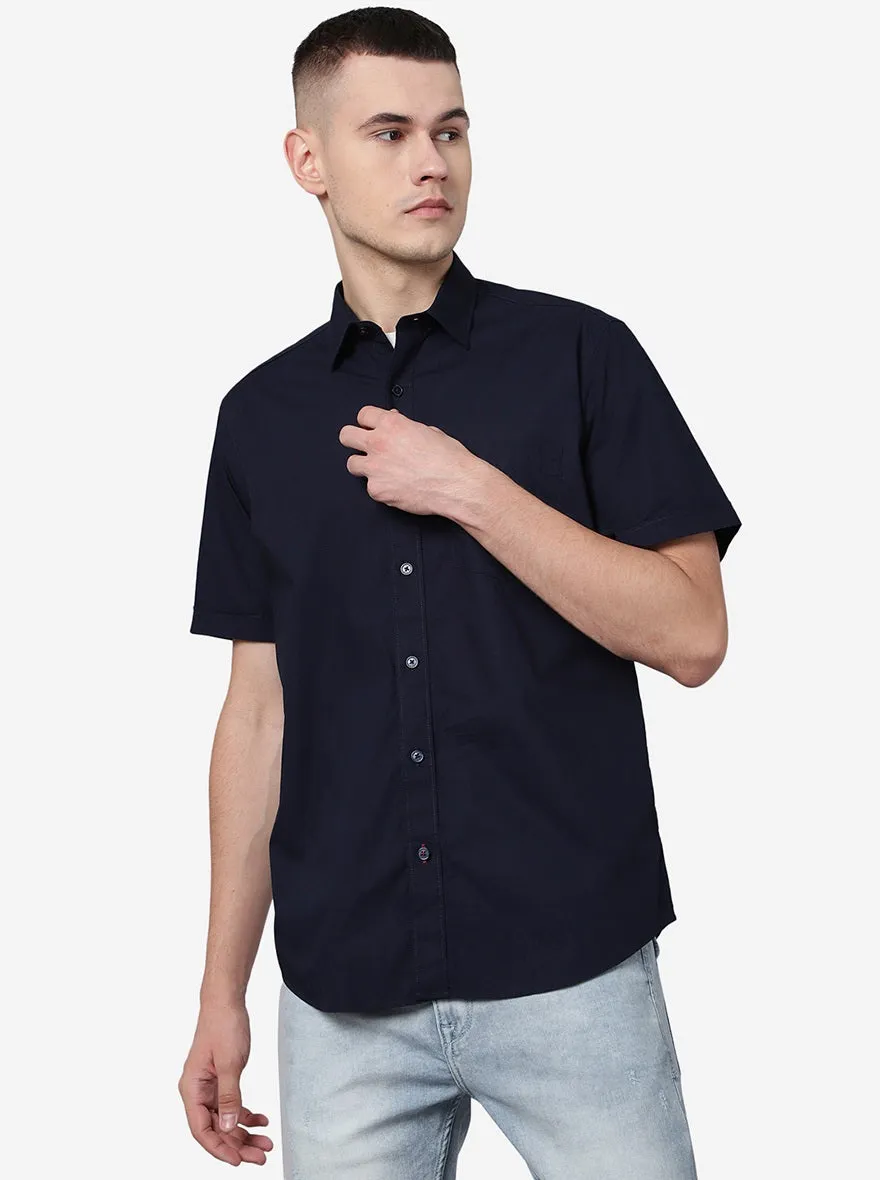 Navy Blue Solid Slim Fit Semi Casual Shirt | JadeBlue