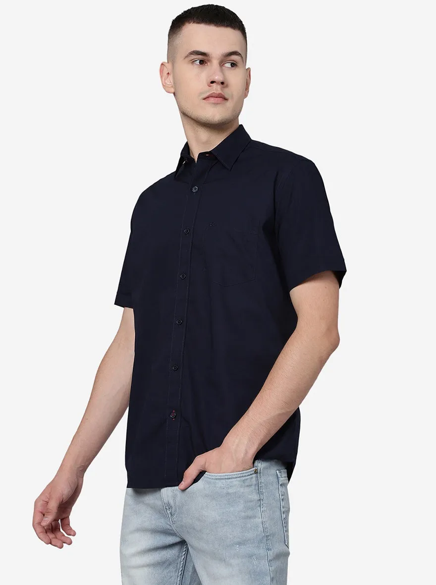 Navy Blue Solid Slim Fit Semi Casual Shirt | JadeBlue