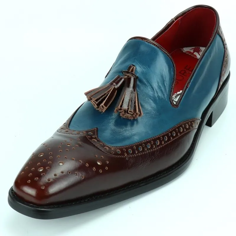 New Encore Fiesso Leather Brogue Two Tone Wing Tip Slip on Dress Shoes FI 8705
