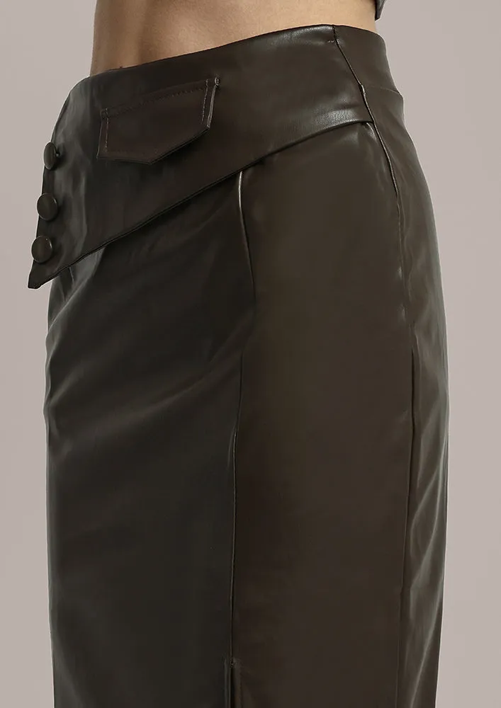 Olive Green Leather Short Coat With Skirt Set