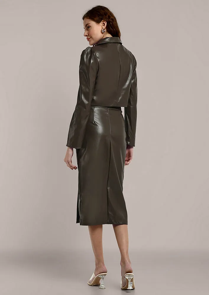 Olive Green Leather Short Coat With Skirt Set