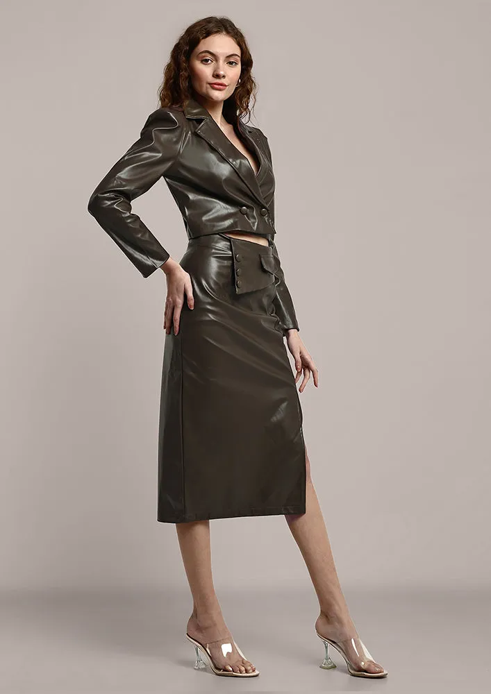 Olive Green Leather Short Coat With Skirt Set