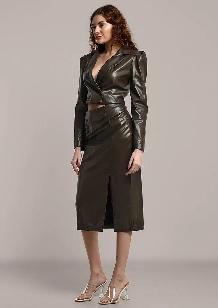 Olive Green Leather Short Coat With Skirt Set