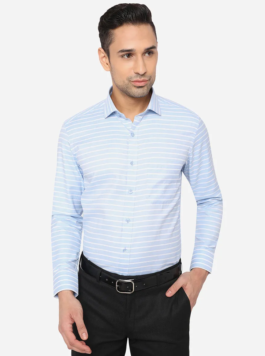 Sky Blue & White Striped Slim Fit Formal Shirt | Greenfibre