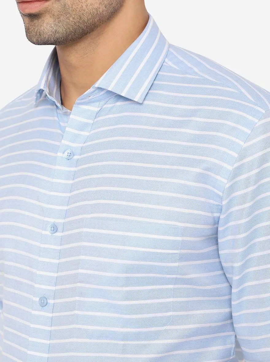 Sky Blue & White Striped Slim Fit Formal Shirt | Greenfibre
