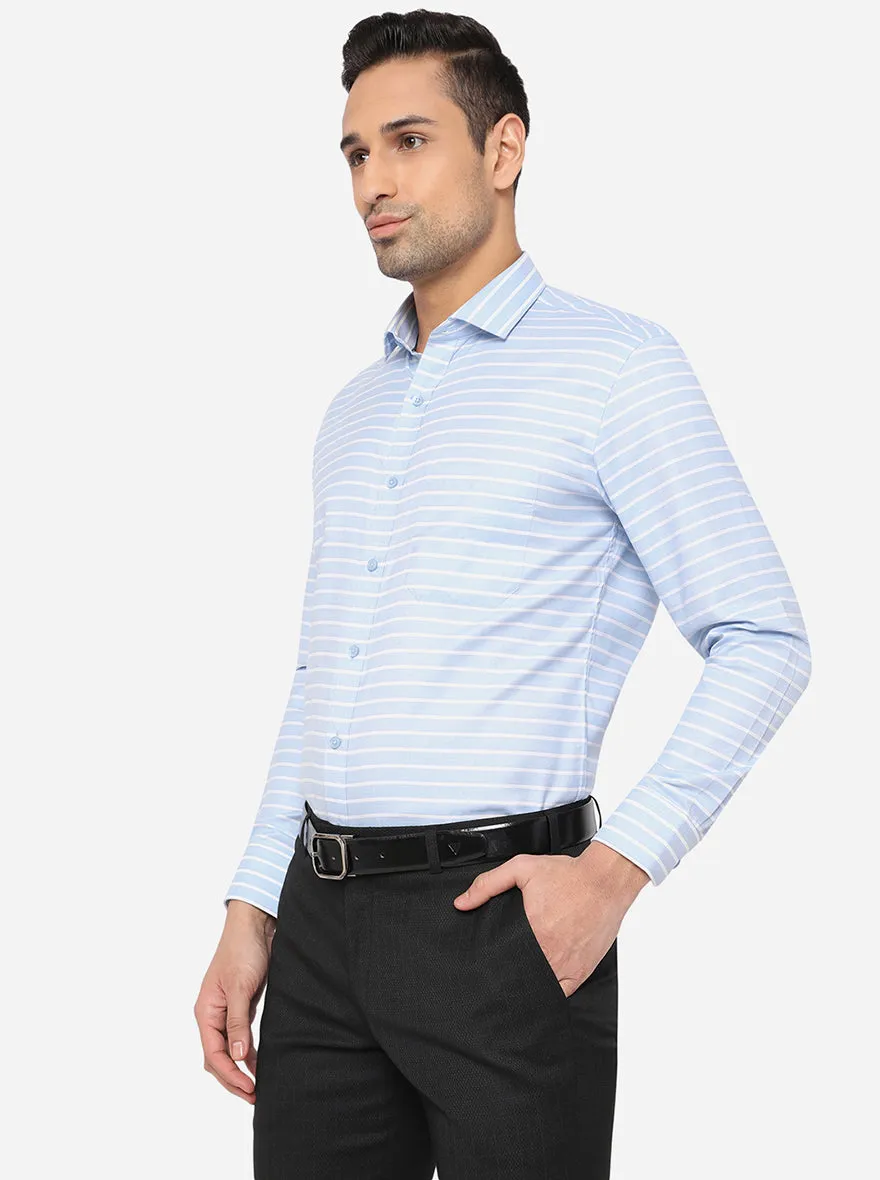 Sky Blue & White Striped Slim Fit Formal Shirt | Greenfibre
