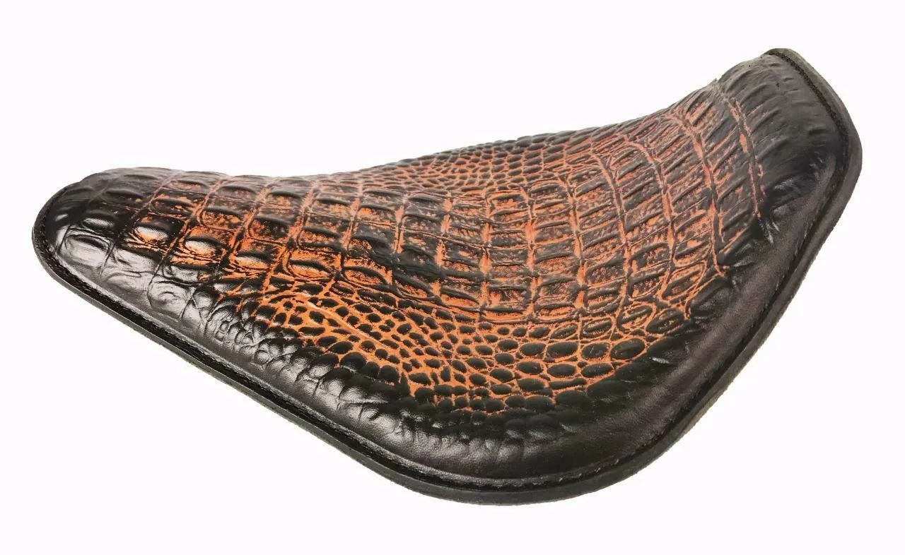 Spring Seat Chopper Bobber Harley Sportster 10x13 AntBrn Gator Snub Nose Leather