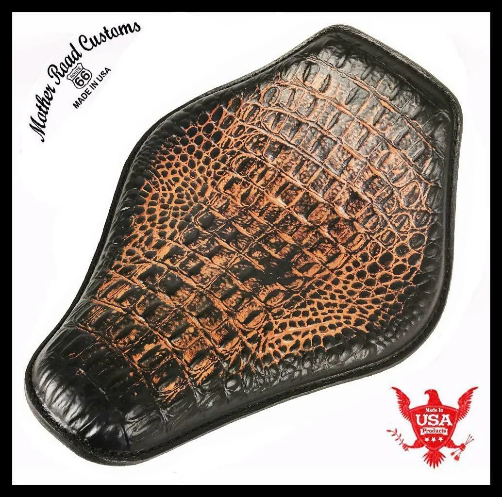 Spring Seat Chopper Bobber Harley Sportster 10x13 AntBrn Gator Snub Nose Leather