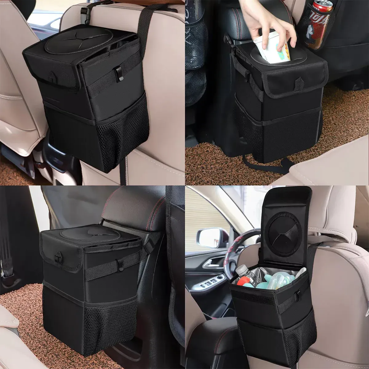 Waterproof Car Trash Can with Lid and Storage Pockets, Custom-Fit For Car, 100% Leak-Proof Car Organizer, Waterproof Car Garbage Can, Multipurpose Trash Bin for Car WADE234