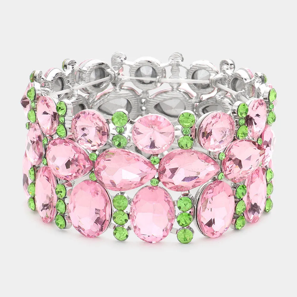 Wide Pink & Green Crystal Multi Cluster Stone Pageant Bracelet   | Prom Bracelet | 602669